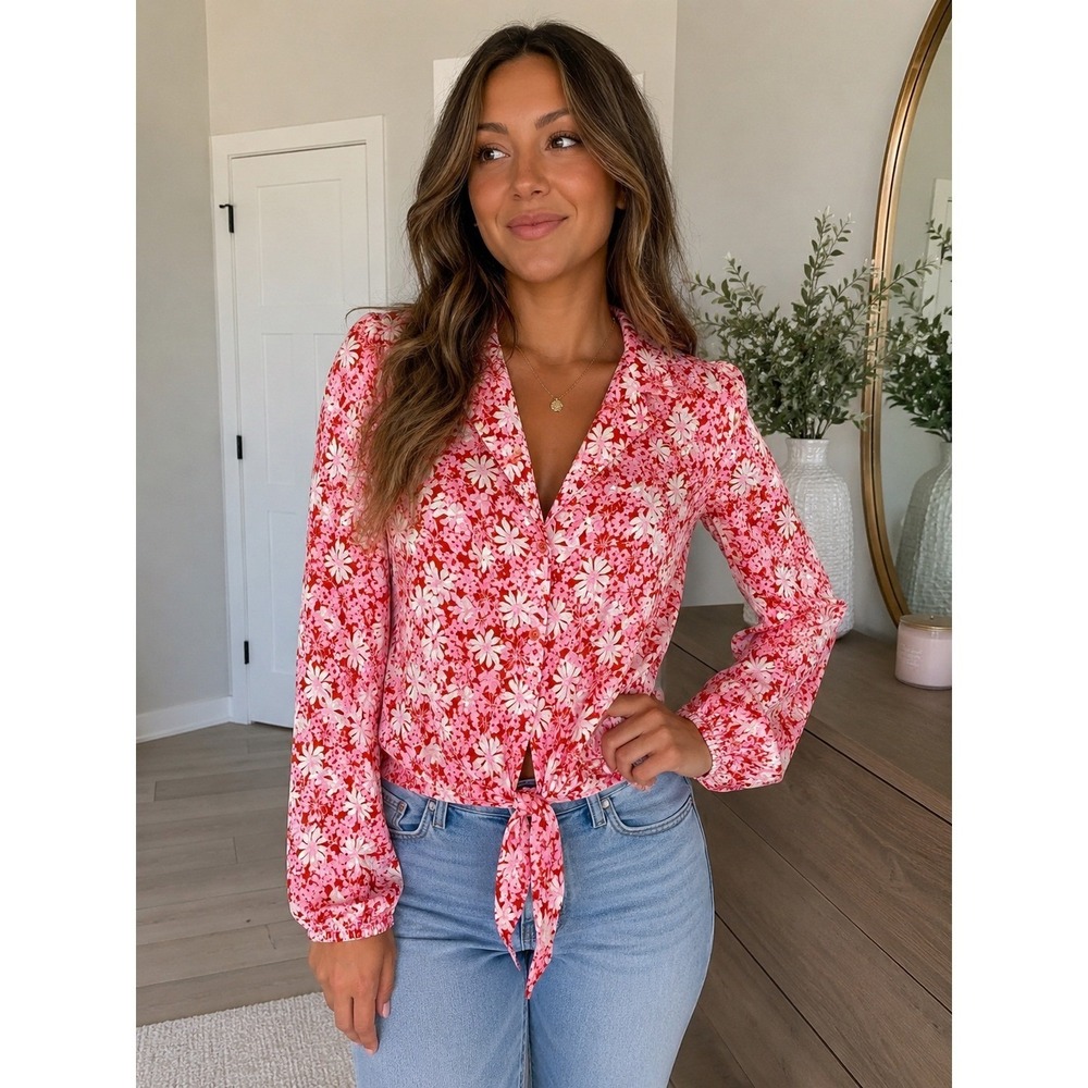 Eclair Pink Red Floral Tie Front Button Down Blouse Long Sleeve XL NWT